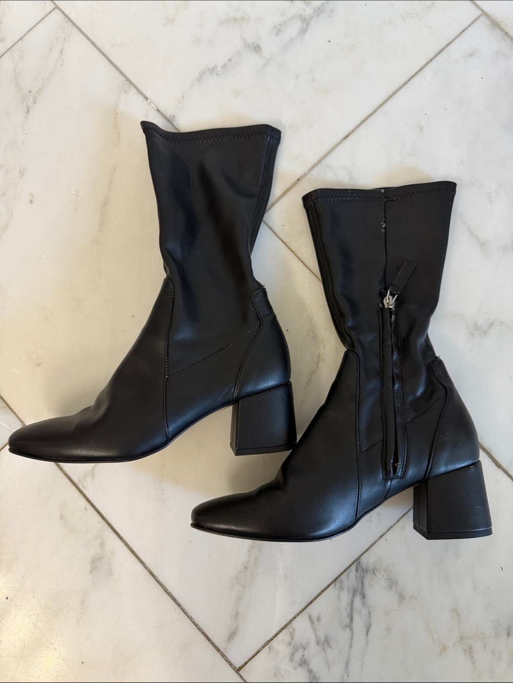 Andre Assous Women’s 8 square toe stretch calf black block heel midcalf boots